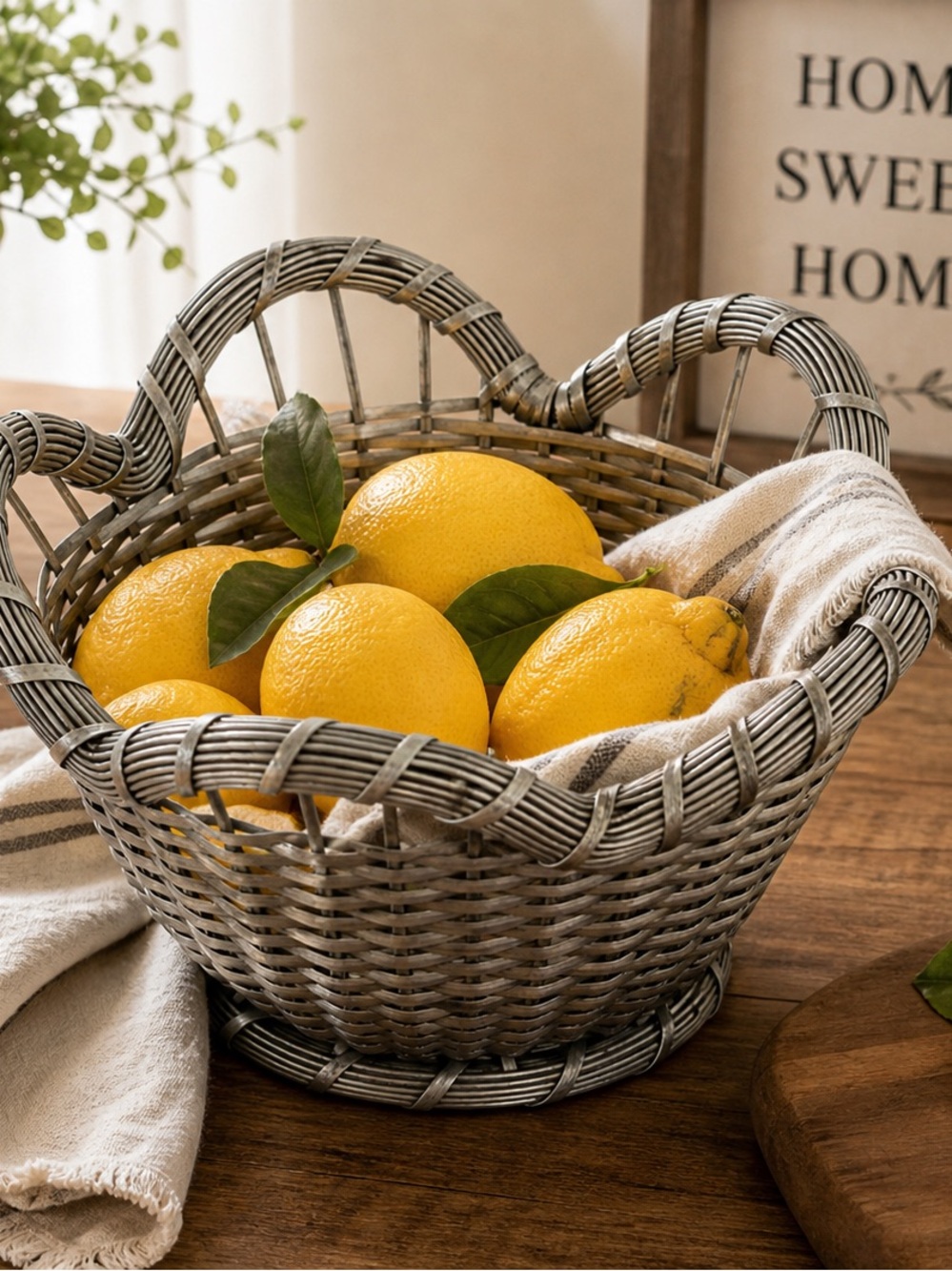 Woven Metal Basket Bowl Handles Farmhouse Rustic Storage Decor Vintage Style
